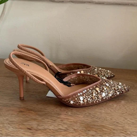 Zara Women's Beaded Nude Slingback Heels - Picture 3 of 9